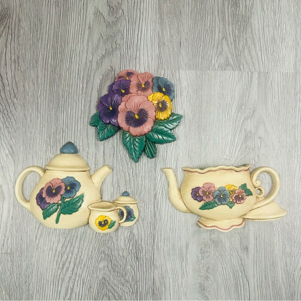 Vintage Wall Art Decor Teapot 3pc Set  Farmhouse floral Granny Cottagecore Retro